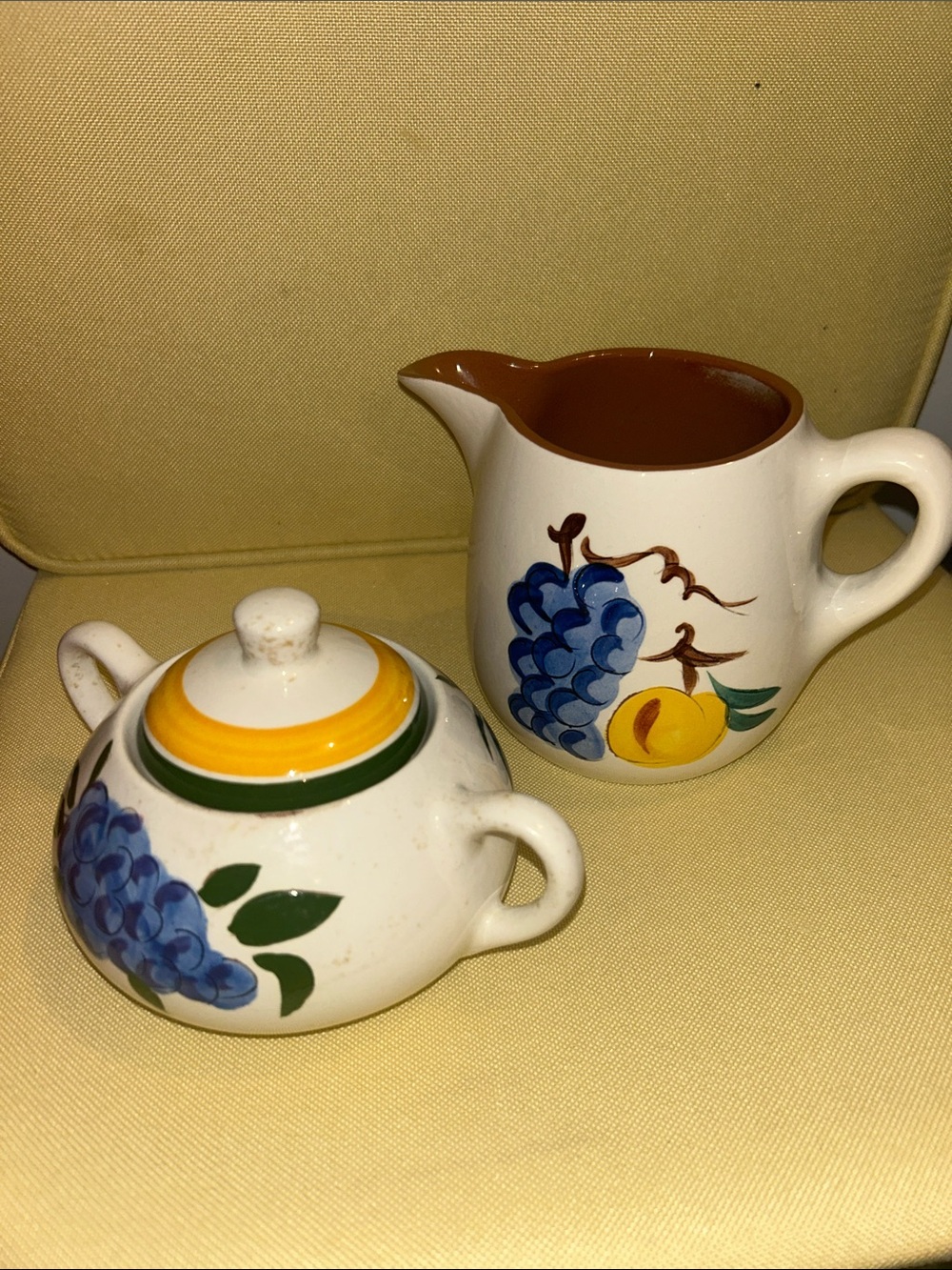 Stangl Hand-Painted Fruit Ceramic Creamer and Sugar Set - Blue, Yellow